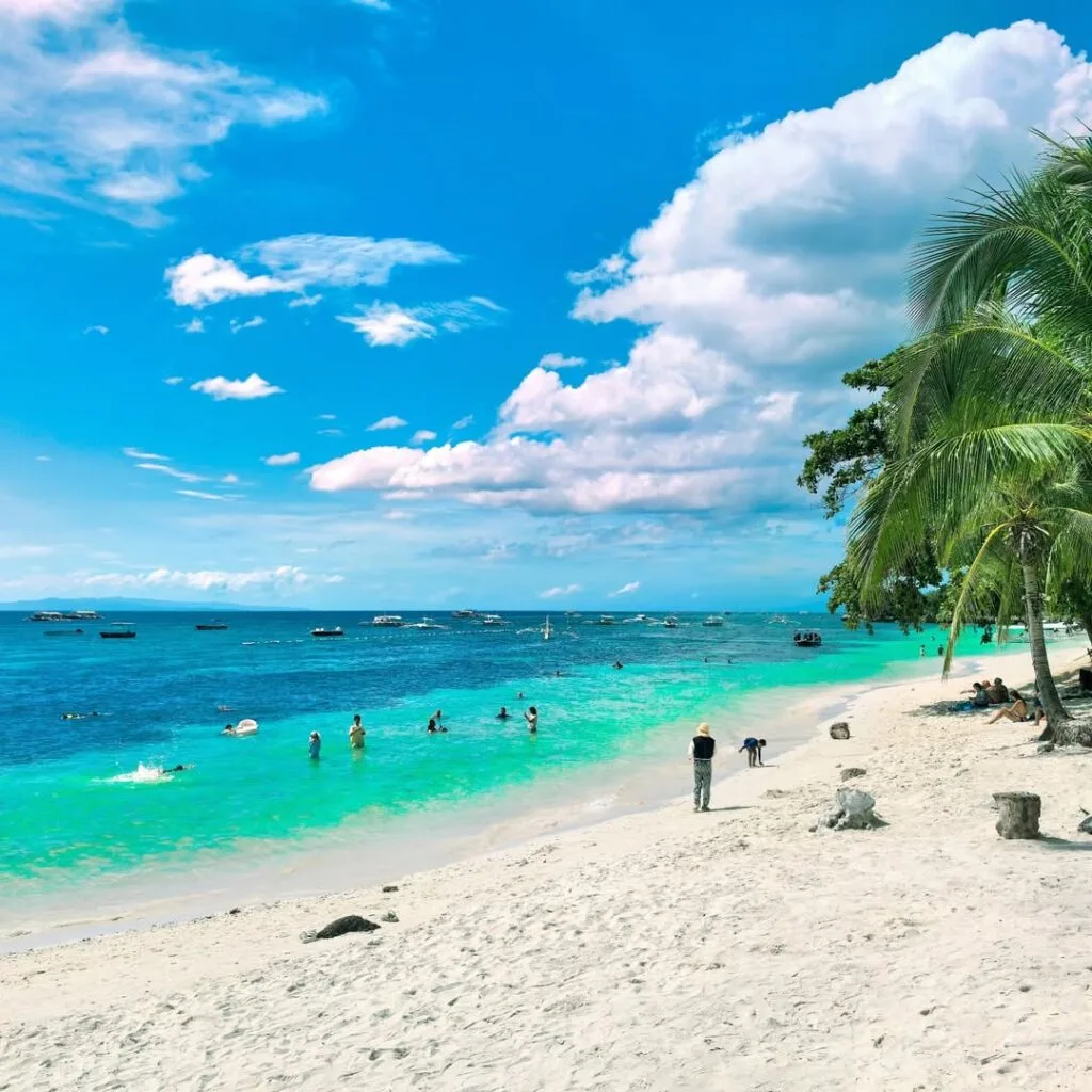 Beachfront resort strip and open-air restaurants along Alona Beach with tables set on the sand