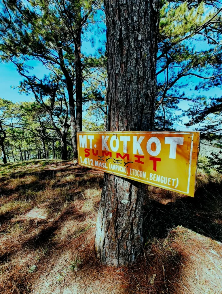 Mt. Kotkot summit sign in Ampucao, Itogon Benguet surrounded by pine trees