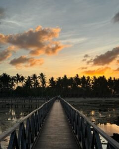 Wide-angle view of Cloud 9 siargao reef break from the wooden boardwalk, General Luna, Siargao Island, with surfers in the water below