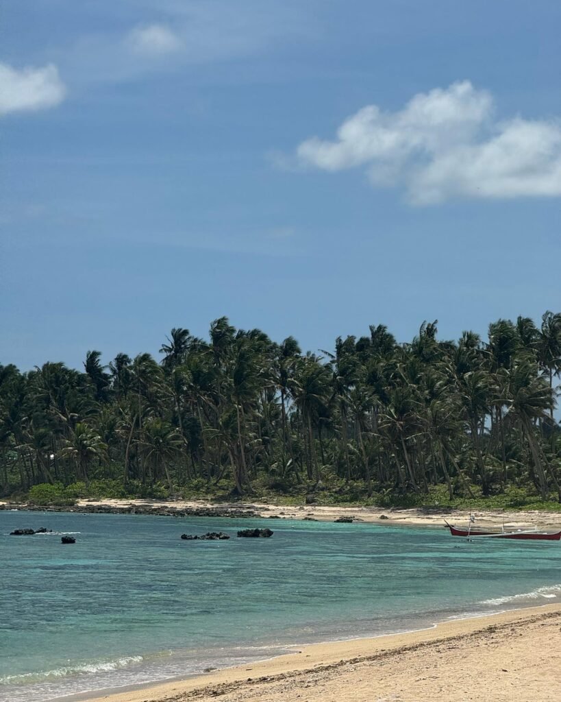 Coarse golden sand shoreline at Cloud 9 Siargao with palm trees lining the beachfront and calm water near the channel