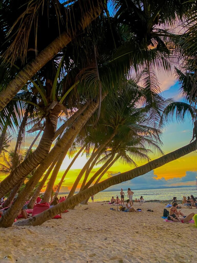 Coarse golden sand shoreline at Cloud 9 Siargao with palm trees lining the beachfront and calm water near the channel