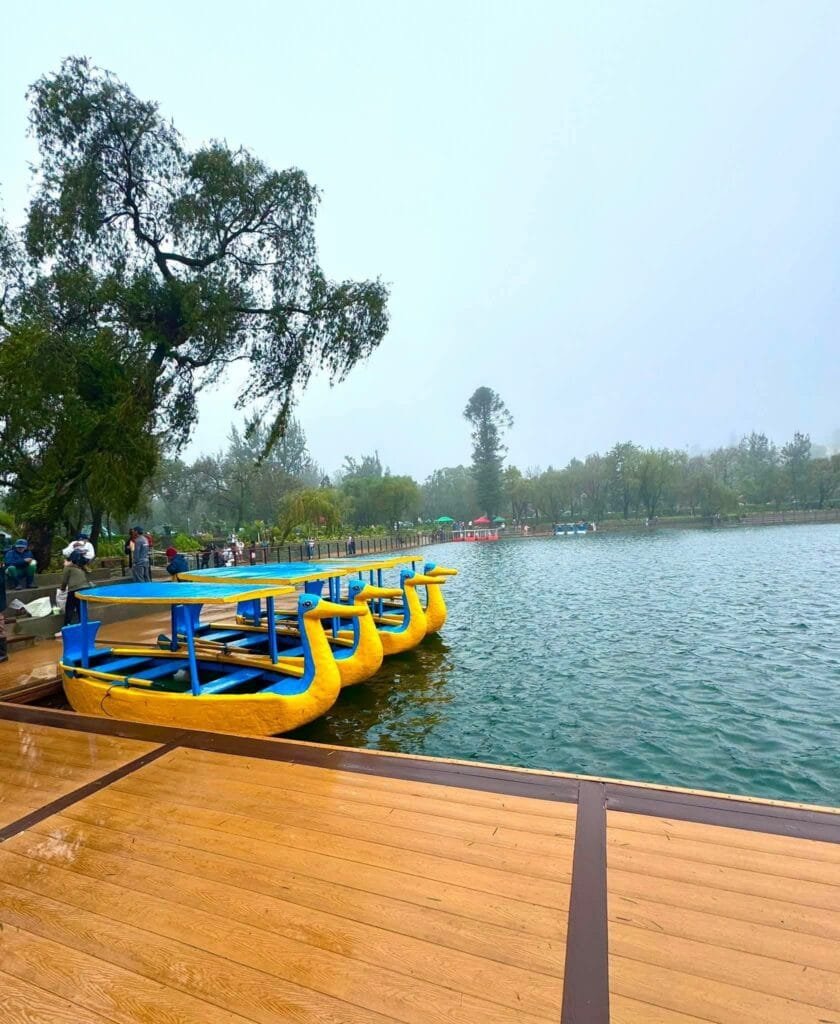 Burnham Park entrance and lakeside promenade with pine trees and open walkways in Baguio City