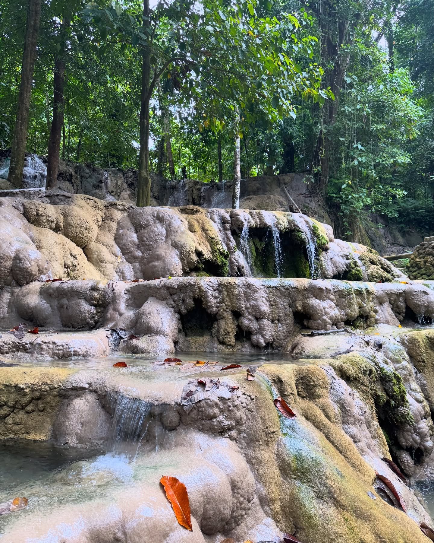 Aruyan Falls water terrace cascades flowing over stepped limestone rock into a wide jungle pool in Sablayan