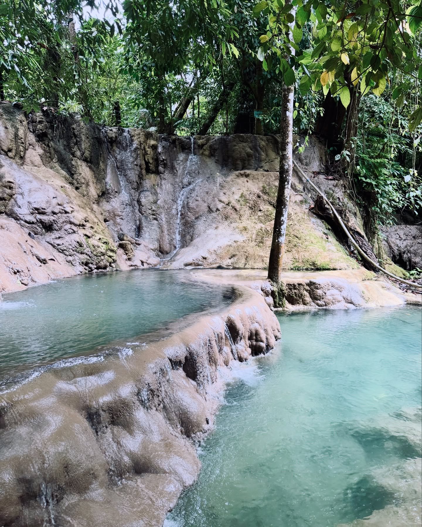 Aruyan Falls water terrace cascades flowing over stepped limestone rock into a wide jungle pool in Sablayan